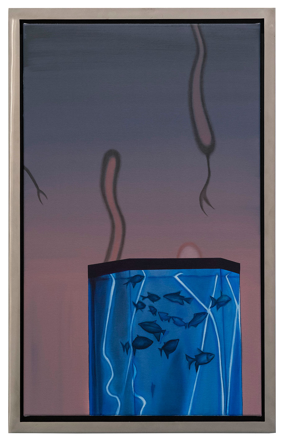 <b>Title: </b>Yves Klein Nightclub Fishtank<br /><b>Year: </b>2014<br /><b>Medium: </b>Oil on canvas, in polished stainless steel artist’s frame<br /><b>Size: </b>98 x 63 cm