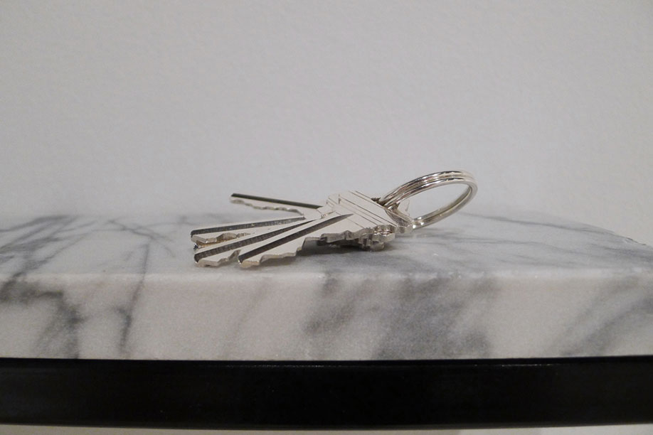 <b>Title: </b>Untitled (Shelf and Keys)<br /><b>Year: </b>2012<br /><b>Medium: </b>Square metal tubing, white marble, and keys cast in silver<br /><b>Size: </b>91 x 10 x 7 cm