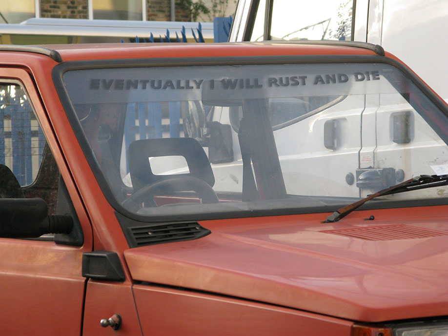<b>Title: </b>Eventually I Will Rust And Die/Before I Go I Will Take Some Of You With Me (Fiat Panda)<br /><b>Year: </b>2009<br /><b>Medium: </b>Car, car sticker, plinth, car, adapted car model (1:24 scale), plastic, card<br /><b>Size: </b>Dimensions variable