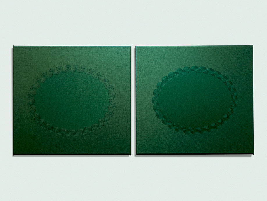 <b>Title: </b>Vers Vert (diptych)<br /><b>Year: </b>2013<br /><b>Medium: </b>Oil on canvas<br /><b>Size: </b>61 x 132 cm 
