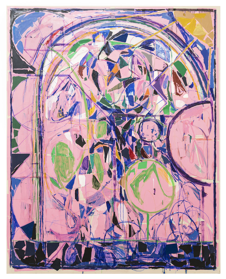 <b>Title: </b>Portrait Pink<br /><b>Year: </b>2018<br /><b>Medium: </b>Oil paint, oil stick, wax crayon, coloured pencil, felt, pins and paper collage on canvas<br /><b>Size: </b>250 x 200 cm