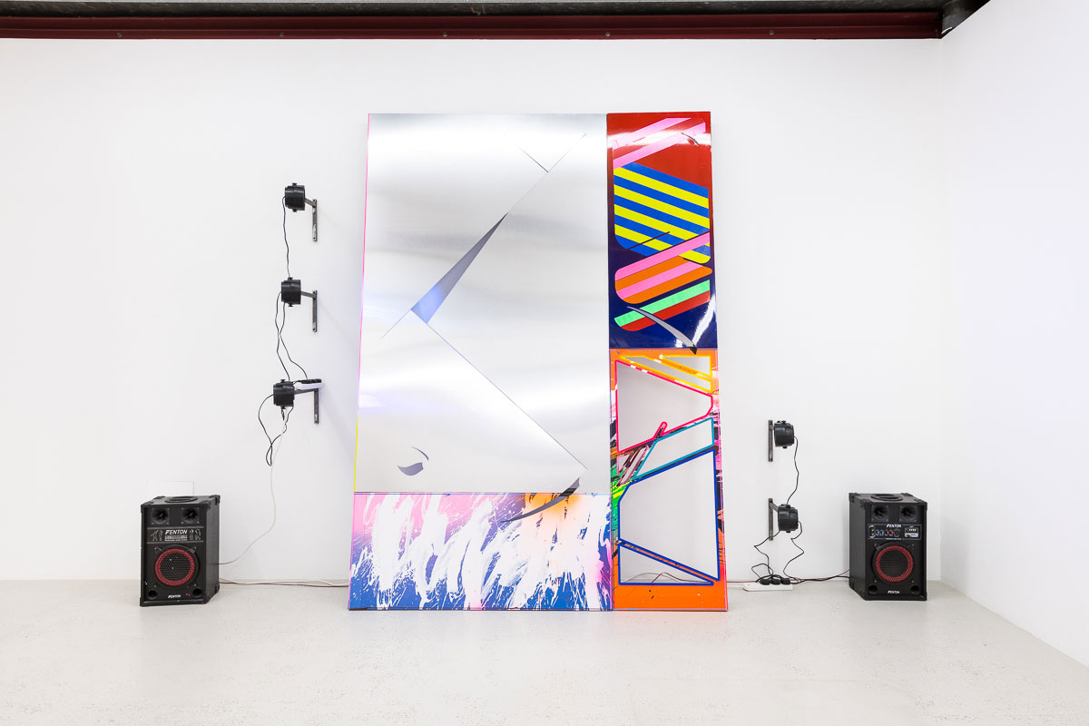 <b>Title: </b>Police Party 02 || Installation view of Marton Nemes ‘CACOTOPIA 03’ at Annka Kultys Gallery, London 2018. Photo courtesy : Annka Kultys Gallery<br /><b>Year: </b>2018<br /><b>Medium: </b>Aluminium, foamex pvc, laser cut perspex, light reflective vinyl, car paint, acrylic, steel<br /><b>Size: </b>250 x 178 cm