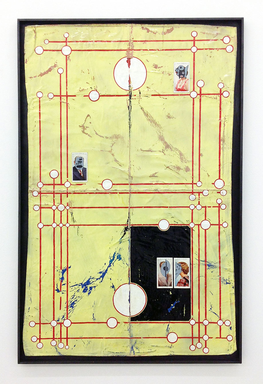 <b>Title: </b>JOURNEYS END<br /><b>Year: </b>2019<br /><b>Medium: </b>enamel, acrylic, varnish, ink and cigarette cards in graphite and pine frame<br /><b>Size: </b>76.5 x 50 x 2cm