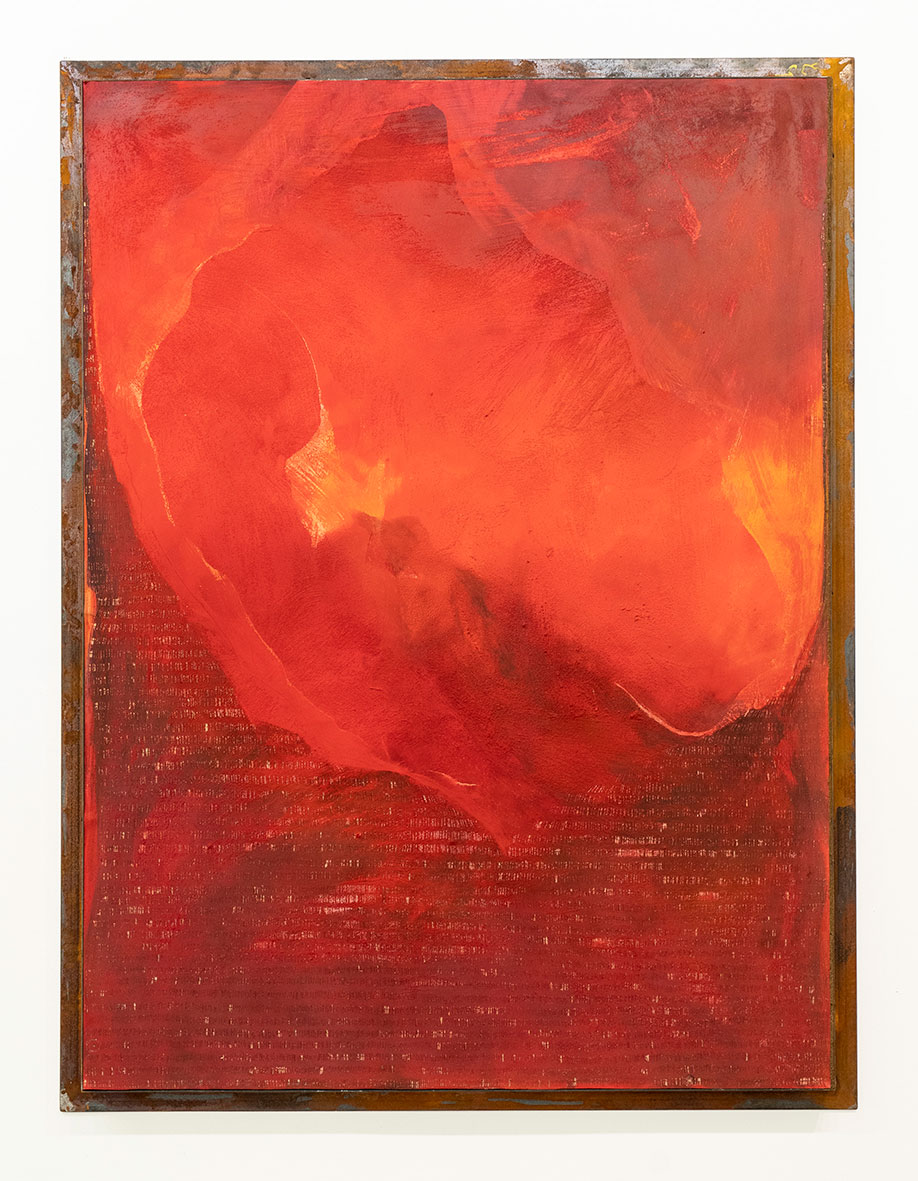 <b>Title: </b>DENTRO DEL CALDERA DEL TRAPICHE - A REASON TO LEAVE<br /><b>Year: </b>2023<br /><b>Medium: </b>Salt, pigments, oil paint on wood with rusted steel frame<br /><b>Size: </b>175 x 132 cm