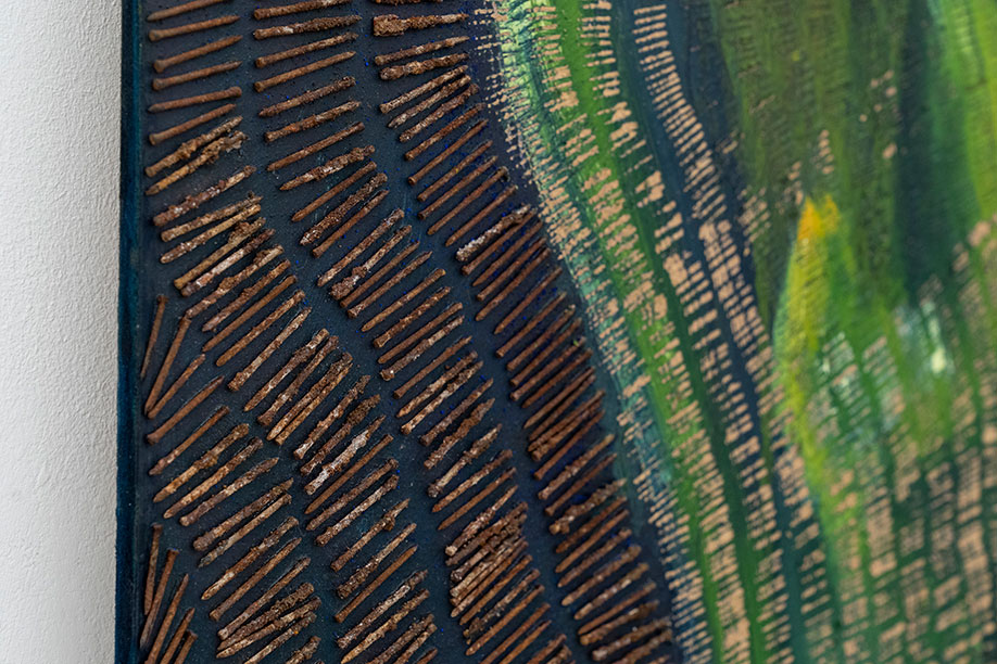 <b>Title: </b>LAS MARCAS DE LA SIEMBRA - ENCROCHING OF THE LAND<br /><b>Year: </b>2023<br /><b>Medium: </b>Salt, pigments, rusted nails and oil paint on wood<br /><b>Size: </b>122 x 159 cm