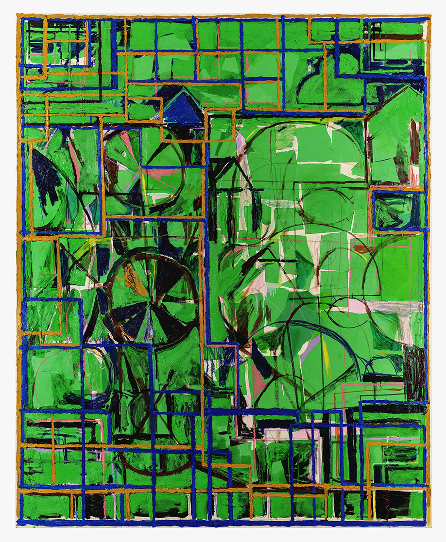 <b>Title: </b>Landscape With Double Portrait (Green) <br /><b>Year: </b>2018<br /><b>Medium: </b>Oil Paint, oil stick, oil pastel, wax crayon and paper on canvas<br /><b>Size: </b>210 x 170 cm