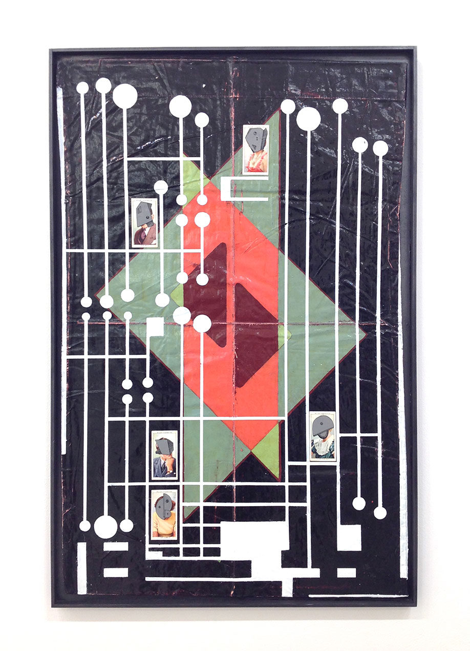 <b>Title: </b>CONSTANTS ARE CHANGING<br /><b>Year: </b>2019<br /><b>Medium: </b>enamel, acrylic, varnish, ink and cigarette cards in graphite and pine frame<br /><b>Size: </b>76 x 49.5 x 2 cm