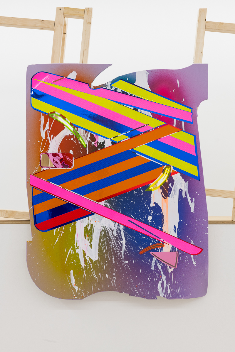 <b>Title: </b>Police Paintings 04 || Installation view of Marton Nemes ‘CACOTOPIA 03’ at Annka Kultys Gallery, London 2018. Photo courtesy : Annka Kultys Gallery<br /><b>Year: </b>2018<br /><b>Medium: </b>Laser cut perspex, light reflective vinyl, mirror paper, canvas, wood<br /><b>Size: </b>130 x 100 cm