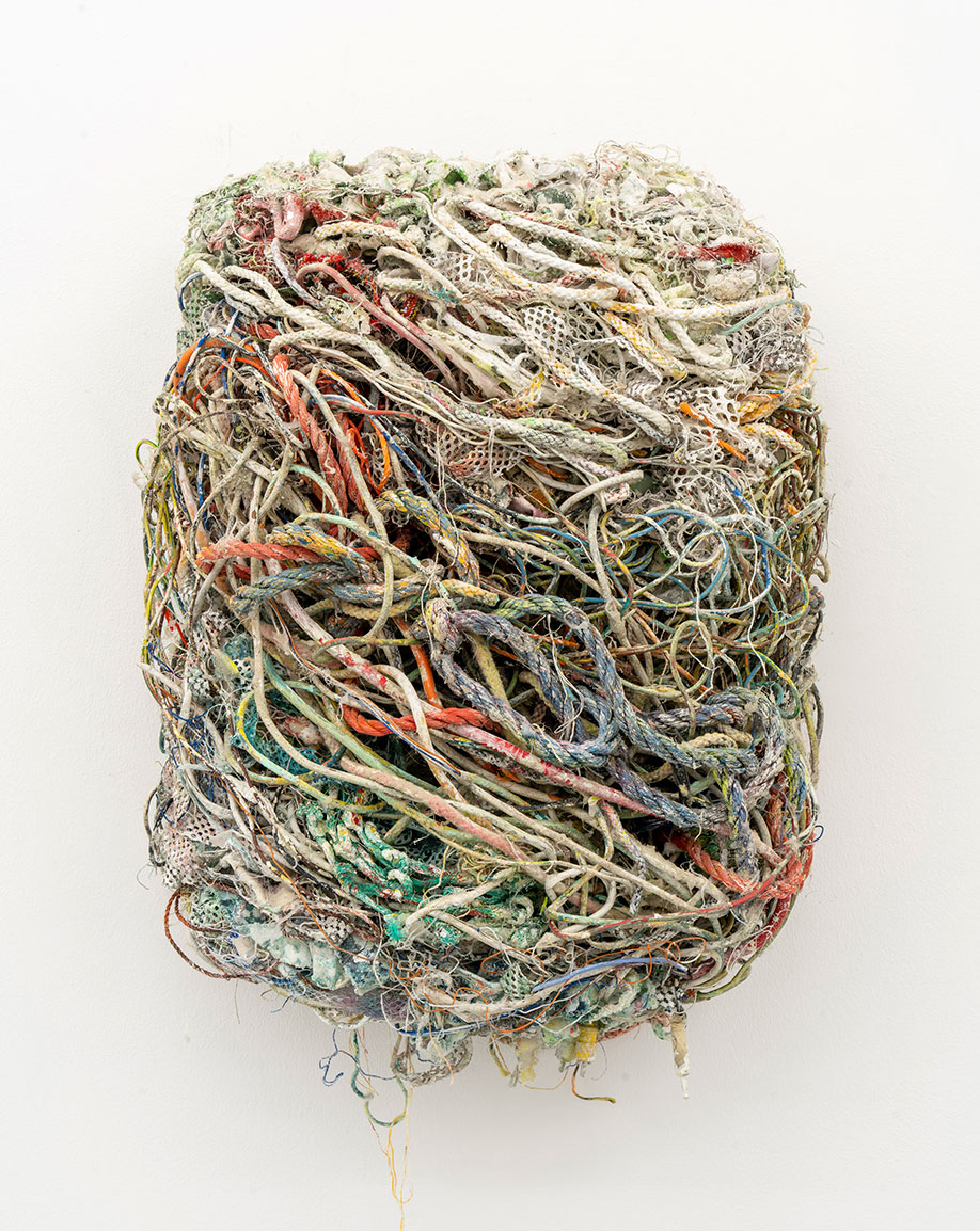 <b>Title: </b>Entanglement<br /><b>Year: </b>2021<br /><b>Medium: </b>Recovered electrical wires, fishing nets, ropes and studio detritus, bound to bedsprings<br /><b>Size: </b>60 x 45 cm