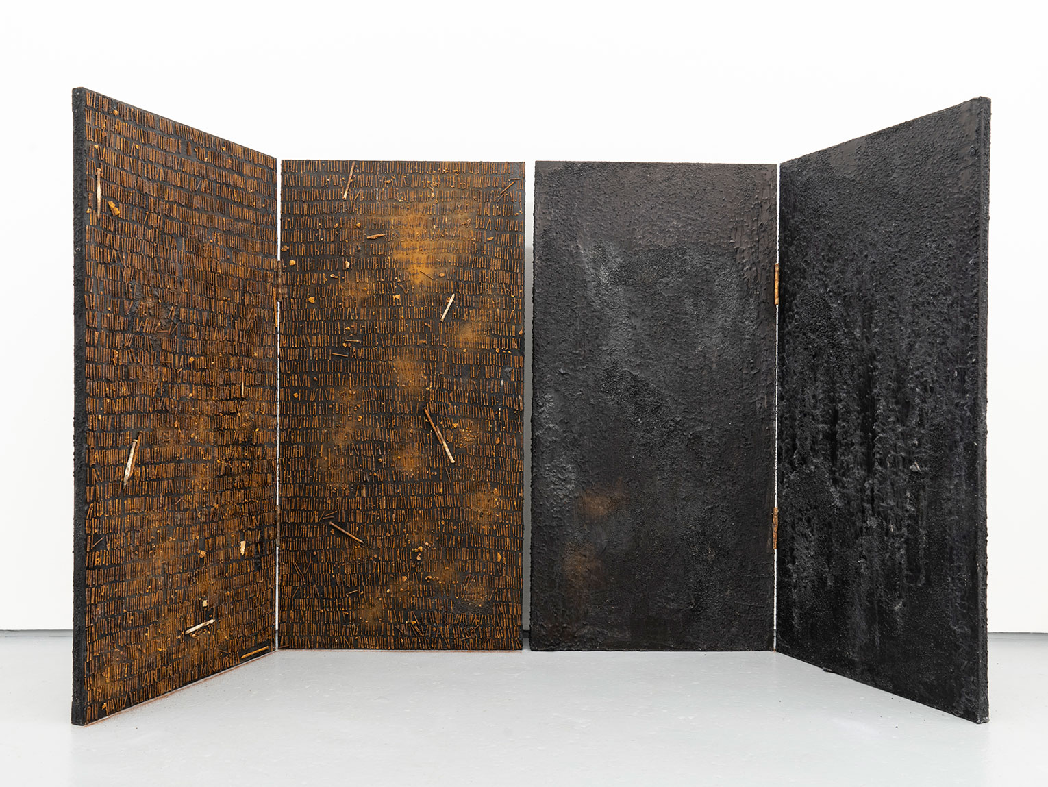 <b>Title: </b>Gate-way<br /><b>Year: </b>2022<br /><b>Medium: </b>Salt,rusted nails, ink, charcoal and glue on wood<br /><b>Size: </b>200 x 120cm (closed)